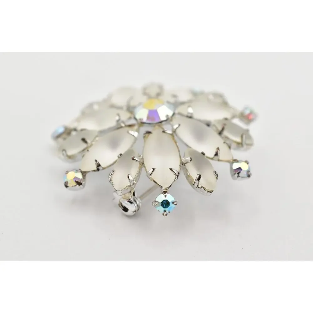 Vintage Crystal Flower Pin Brooch Frosted AB Rhinestone Prong Silver 1990s BinBG